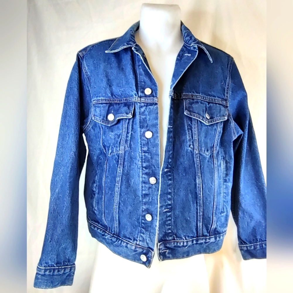 Vintage Plain Pockets Men's 46R Blue Denim Jean Jacket